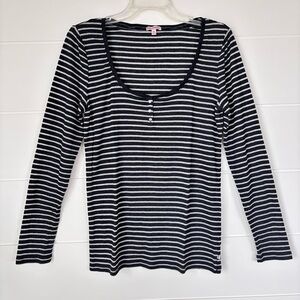 Juicy Couture Black and Gray Striped Long Sleeve Scoop Neck Henley Top XL